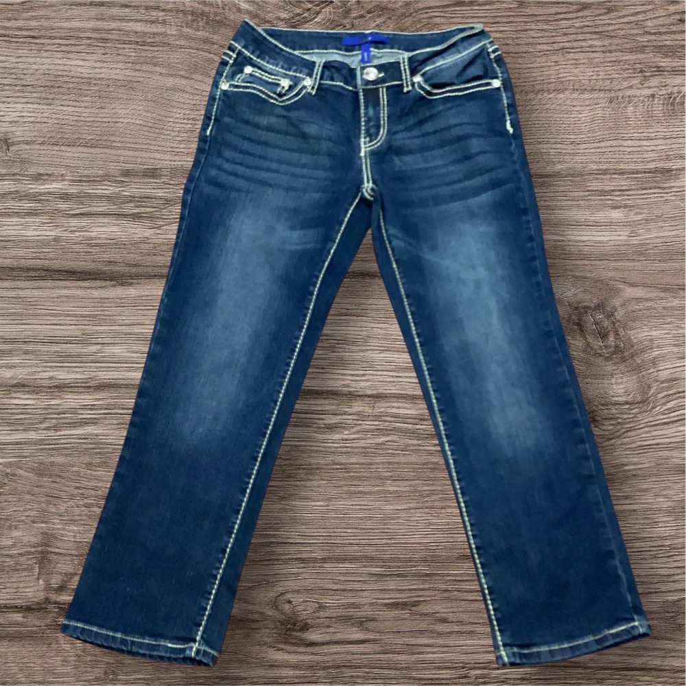 Apt 9 Women Dark Wash Capri Jeans Cross Embroidered Pockets Rhinestone Size 4